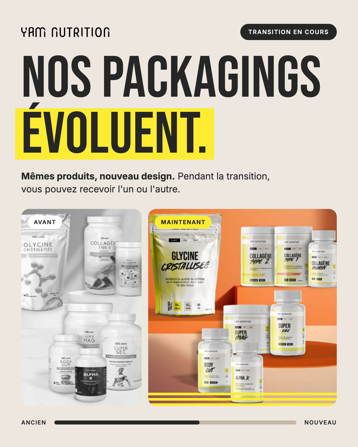 Nos packagings évoluent : mêmes produits, nouveau design. Pendant la transition, vous pouvez recevoir l’un ou l’autre.